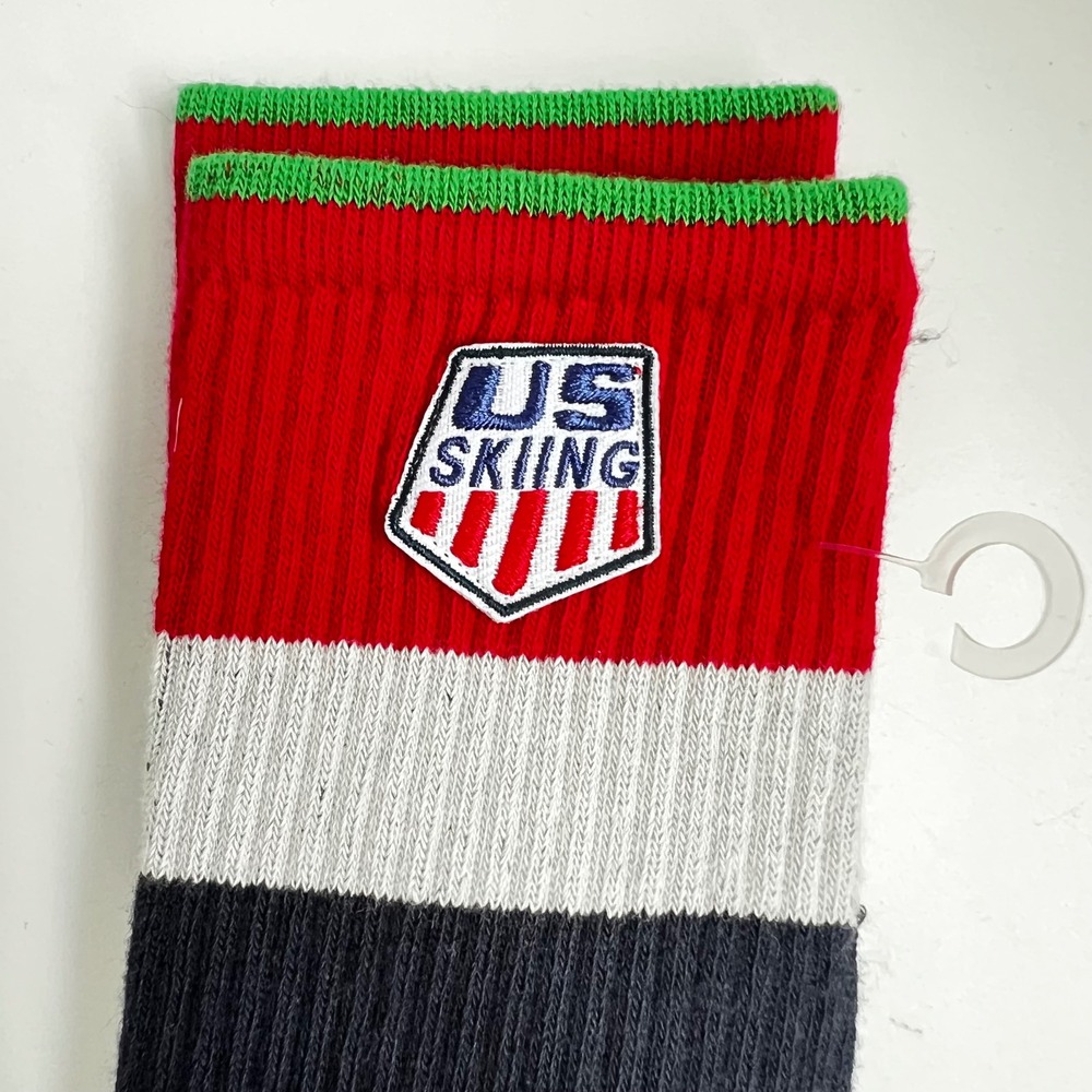 US Skiing Crew Socks Navy Blue Red White Embroidered Logo Athletic Ribbed Hat